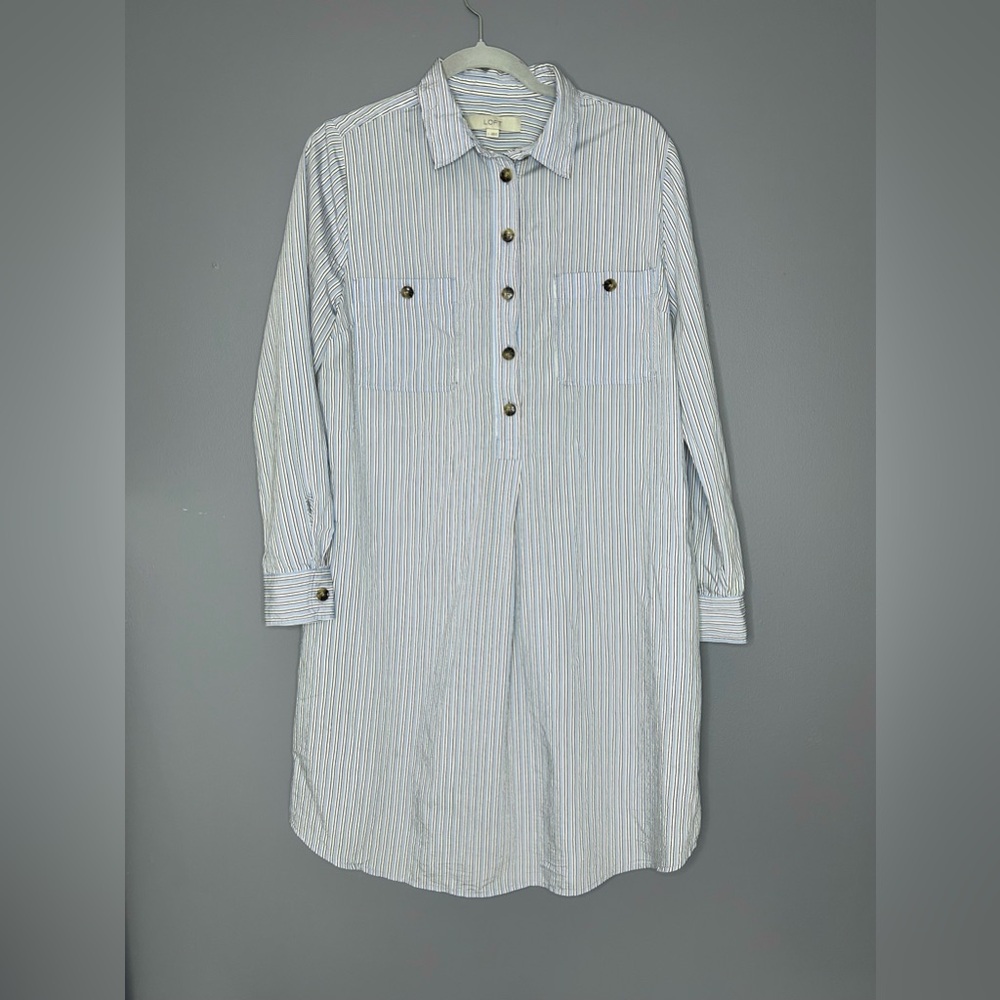 LOFT Shirt Dress L Blue White Pin Stripe Classic Popover Tunic Pockets *No Belt*